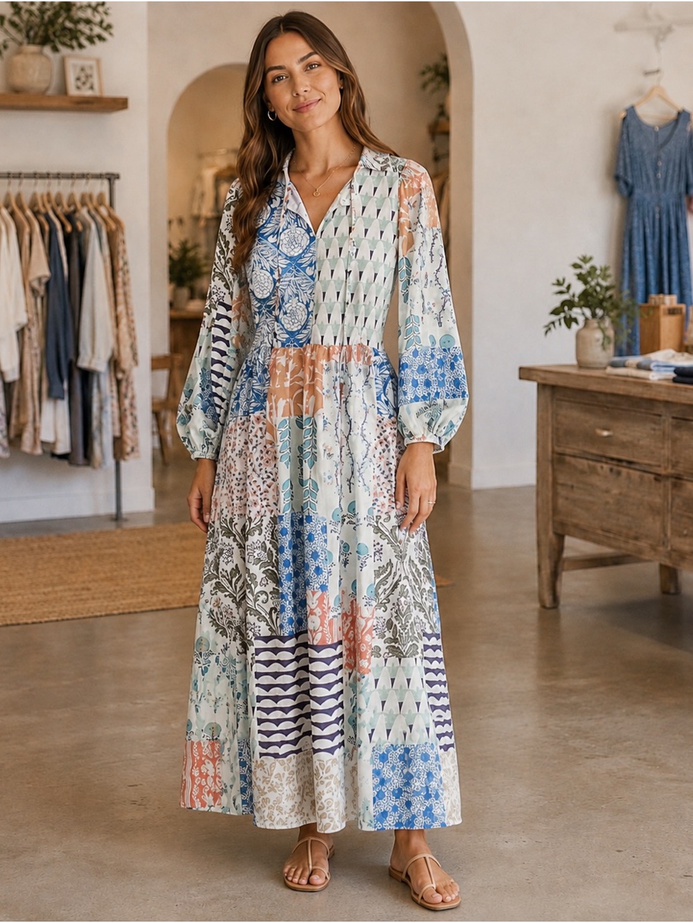 Chartou Patchwork Boho Maxi Dress Women’s Medium NWT Long Sleeve Floral